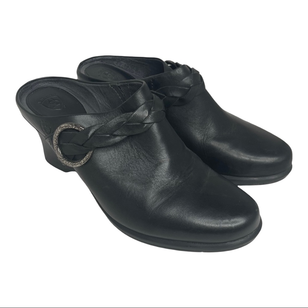Ariat 7.5B Black Leather Wedge Mules Braided Strap - Picture 1 of 13